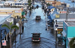 Floodwaters inundate the main street in Tarpon Springs, Florida, after Hurricane Helene passed offshore on Sept. 27, 2024. Hurricane Helene made landfall Thursday night in Florida’s Big Bend with winds up to 140 mph and storm surges. Credit: Joe Raedle/Getty Images