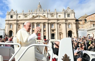 Pope Francis greets the crowd at the end of a Mass for the opening of the 16th Ordinary General Assembly of the Synod of Bishops, Wednesday, Oct. 2, 2024, in St Peter's Square. Credit: ALBERTO PIZZOLI/AFP via Getty Images