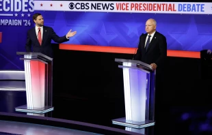 Republican vice presidential candidate Sen. JD Vance, R-Ohio, and Democratic vice presidential candidate Minnesota Gov. Tim Walz, participate in a debate at the CBS Broadcast Center on Oct. 1, 2024 in New York City. Credit: Chip Somodevilla/Getty Images