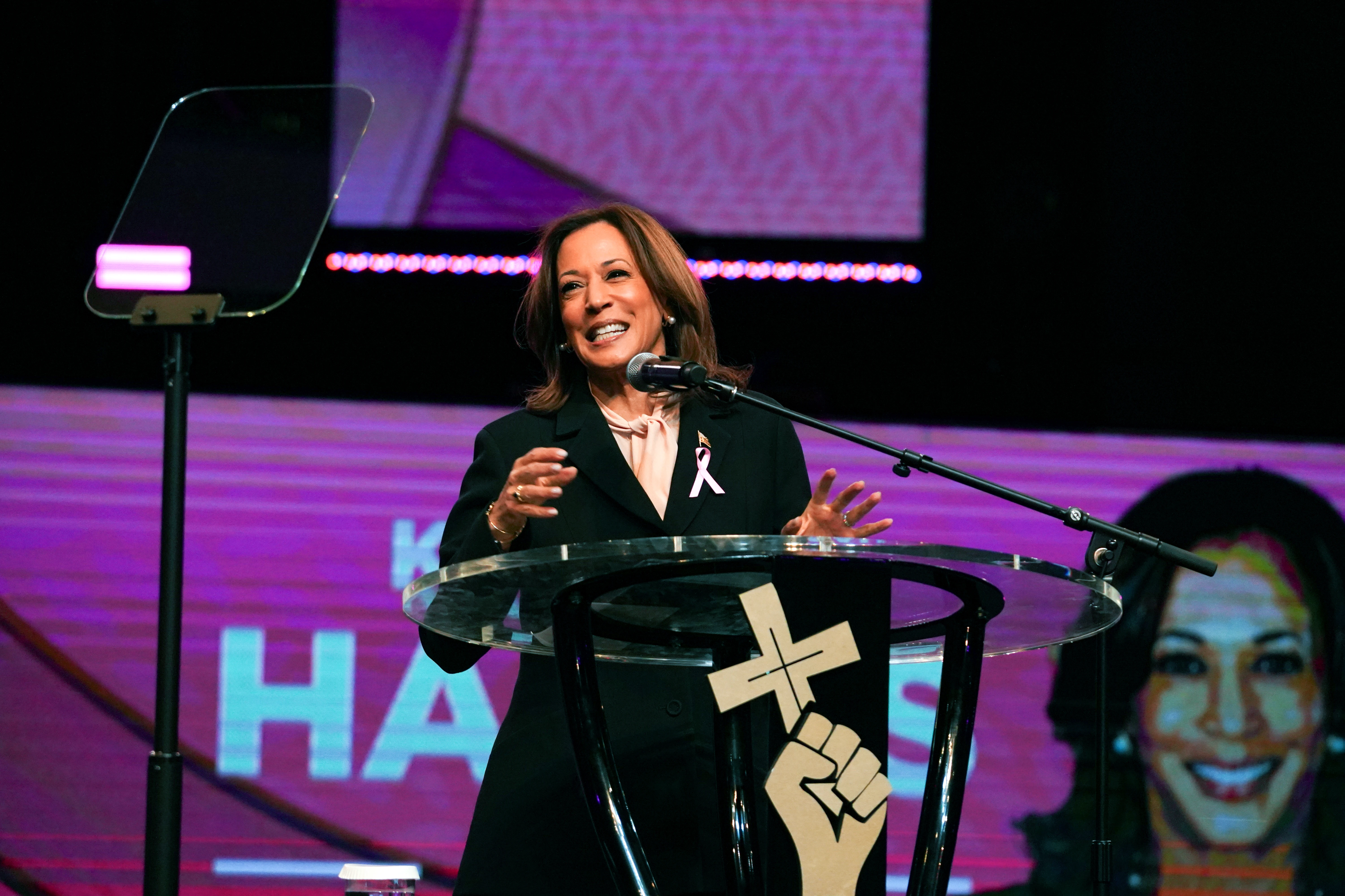 Democratic presidential nominee Vice President Kamala Harris speaks during a church service at New Birth Missionary Baptist Church on Oct. 20, 2024, in Stonecrest, Georgia.?w=200&h=150