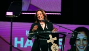 Democratic presidential nominee Vice President Kamala Harris speaks during a church service at New Birth Missionary Baptist Church on Oct. 20, 2024, in Stonecrest, Georgia.