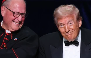 Cardinal Timothy Dolan (left) and Republican presidential nominee former president Donald Trump react during the annual Alfred E. Smith Foundation Dinner at the New York Hilton Midtown on Oct. 17, 2024, in New York City. Credit: Michael M. Santiago/Getty Images