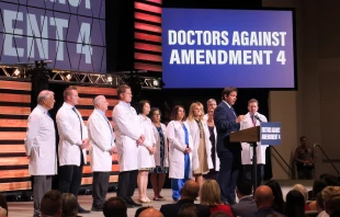 Florida Gov. Ron DeSantis, appearing with medical doctors, holds a press conference on Oct. 22, 2024, to speak in opposition to Amendment 4, which would add a right to abortion before the point of viability to Florida’s constitution. Credit: Paul Hennessy/SOPA Images/LightRocket via Getty Images.