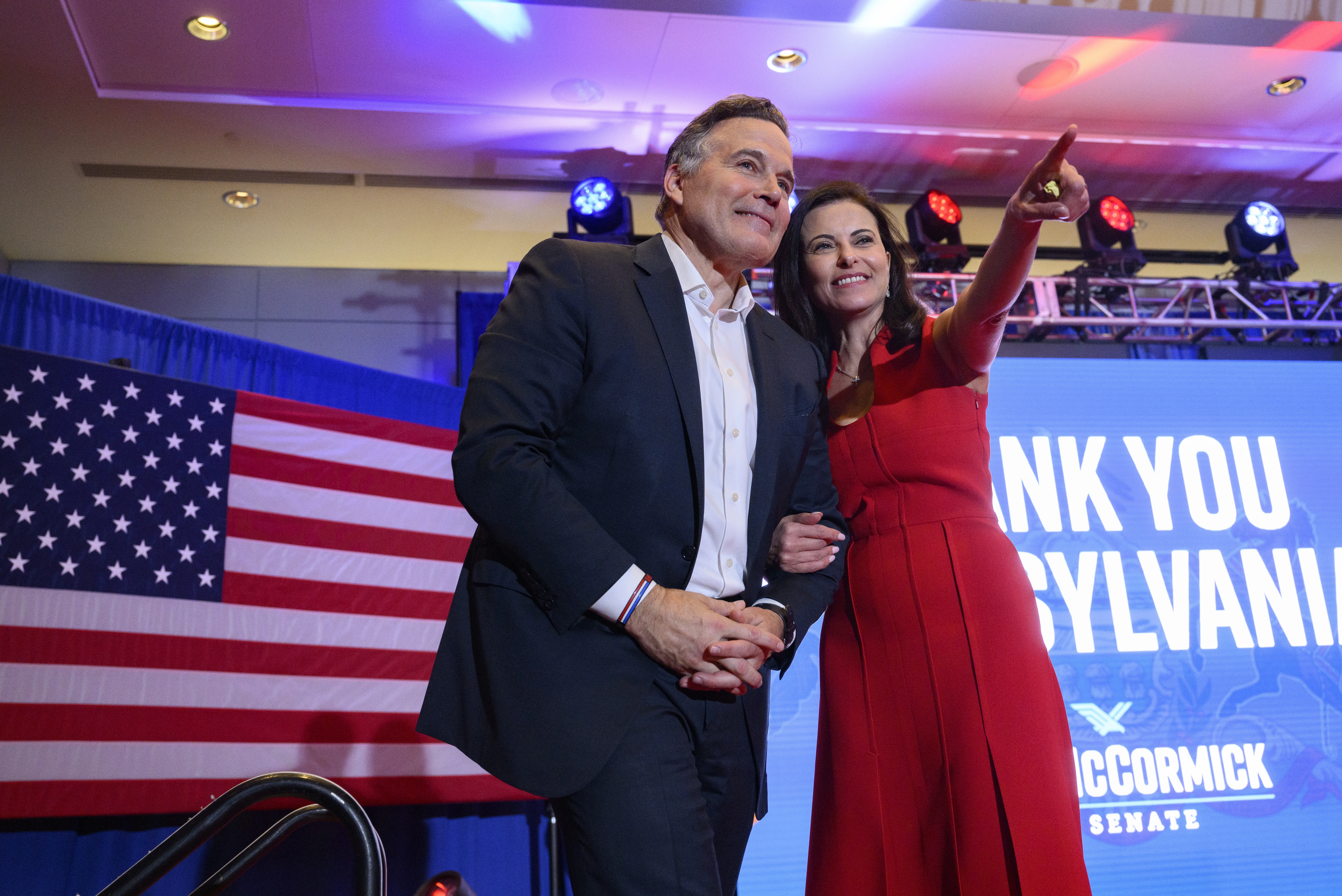 Pennsylvania Republican U.S. Senate candidate Dave McCormick and his wife, Nina Powell, thank supporters after declaring victory in a closely contested race with incumbent Democratic Sen. Bob Casey on Nov. 6, 2024, in Pittsburgh.?w=200&h=150