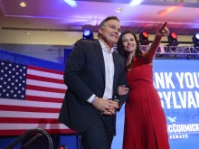 Pennsylvania Republican U.S. Senate candidate Dave McCormick and his wife, Nina Powell, thank supporters after declaring victory in a closely contested race with incumbent Democratic Sen. Bob Casey on Nov. 6, 2024, in Pittsburgh.