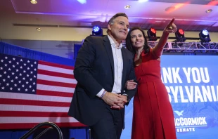 Pennsylvania Republican U.S. Senate candidate Dave McCormick and his wife, Nina Powell, thank supporters after declaring victory in a closely contested race with incumbent Democratic Sen. Bob Casey on Nov. 6, 2024, in Pittsburgh. Credit: Jeff Swensen/Getty Images