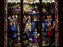Interior view of a stained-glass window of Immaculate Conception Catholic Church in Pawhuska, Oklahoma.