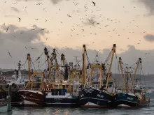 Fishing boats moored in Brixham harbor on March 2, 2016, in Devon, England.