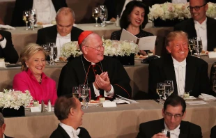 Cardinal Timothy Dolan sits between Hillary Clinton and Donald Trump at the annual Alfred E. Smith Memorial Foundation Dinner at the Waldorf Astoria on Oct. 20, 2016, in New York City. Credit: Spencer Platt/Getty Images