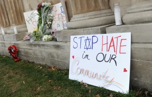 Signs are shown on display outside the Chesed Shel Emeth Cemetery on Feb. 22, 2017, in University City, Missouri, after an incident of vandalism. Credit: Michael Thomas/Getty Images