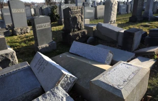 Vandalized tombstones are seen at the Jewish Mount Carmel Cemetery, Feb. 26, 2017, in Philadelphia. Credit: DOMINICK REUTER/AFP via Getty Images