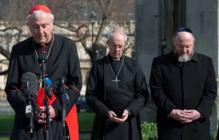 Cardinal Vincent Nichols, the Archbishop of Canterbury, Justin Welby, and Chief Rabbi Ephraim Mirvis attend a vigil in London, England, March 24, 2017. AFP via Getty Images.