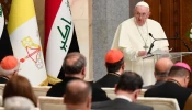 Pope Francis meets political authorities, civil leaders, and diplomats in the Republican Palace in Baghdad on March 5, 2021.