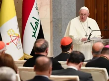 Pope Francis meets political authorities, civil leaders, and diplomats in the Republican Palace in Baghdad on March 5, 2021.