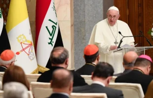 Pope Francis meets political authorities, civil leaders, and diplomats in the Republican Palace in Baghdad on March 5, 2021. Credit: Vatican Media