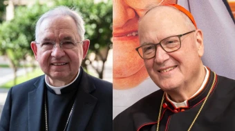 Archbishop José Gómez of the Archdiocese of Los Angeles (left) and Cardinal Timothy Dolan of the Archdiocese of New York announced a friendly wager on the 2024 World Series.