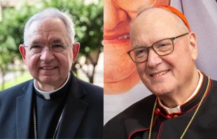 Archbishop José Gómez of the Archdiocese of Los Angeles (left) and Cardinal Timothy Dolan of the Archdiocese of New York announced a friendly wager on the 2024 World Series. Credit: Daniel Ibañez/CNA; Jonah McKeown/CNA