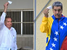 Venezuelan opposition presidential candidate Edmundo Gonzalez Urrutia (left) and Venezuelan President Nicolas Maduro show their ballots as they vote during the presidential election on July 28, 2024.