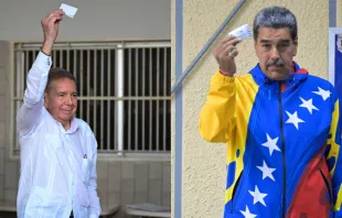 Venezuelan opposition presidential candidate Edmundo Gonzalez Urrutia (left) and Venezuelan President Nicolas Maduro show their ballots as they vote during the presidential election on July 28, 2024. Credit: RAUL ARBOLEDA/AFP via Getty Images; JUAN BARRETO/AFP via Getty Images