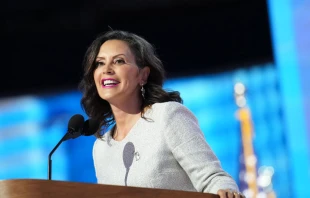 Michigan Gov. Gretchen Whitmer speaks on stage during the final day of the Democratic National Convention at the United Center on Aug. 22, 2024, in Chicago. Credit: Andrew Harnik/Getty Images