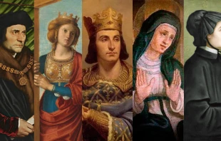 From left to right: St. Thomas More, St. Helena,  St. Louis IX, St. Monica, and St. Elizabeth Ann Seton. Credit: Wikimedia Commons, Public Domain