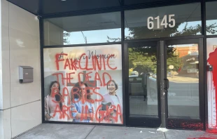 A Catholic pregnancy center called Aid for Women in north Chicago's Edgewater neighborhood was vandalized with red paint and the words "fake clinic" and "the dead babies are in Gaza" at 3 a.m. on Friday, Aug. 23, just hours after the closing of the Democratic National Convention. Mary FioRito, a spokesperson for the center, said that vandals also cemented the doors shut, forcing the nonprofit to cancel appointments for around 12 women. Credit: Photo courtesy of Aid for Women