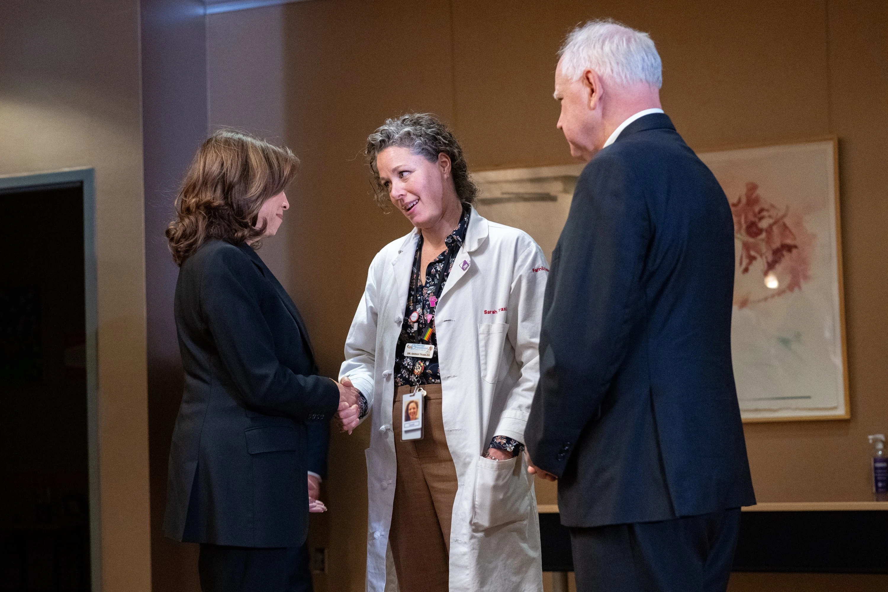 Vice President Kamala Harris arrives at Planned Parenthood in St. Paul, Minnesota, Thursday, March 14, 2024, and greets Dr. Sarah Taxler, chief medical officer of Planned Parenthood North Central States. Standing with the vice president is Minnesota Gov. Tim Walz.?w=200&h=150