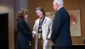 Vice President Kamala Harris arrives at Planned Parenthood in St. Paul, Minnesota, Thursday, March 14, 2024, and greets Dr. Sarah Taxler, chief medical officer of Planned Parenthood North Central States. Standing with the vice president is Minnesota Gov. Tim Walz.