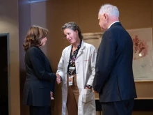 Vice President Kamala Harris arrives at Planned Parenthood in St. Paul, Minnesota, Thursday, March 14, 2024, and greets Dr. Sarah Taxler, chief medical officer of Planned Parenthood North Central States. Standing with the vice president is Minnesota Gov. Tim Walz.