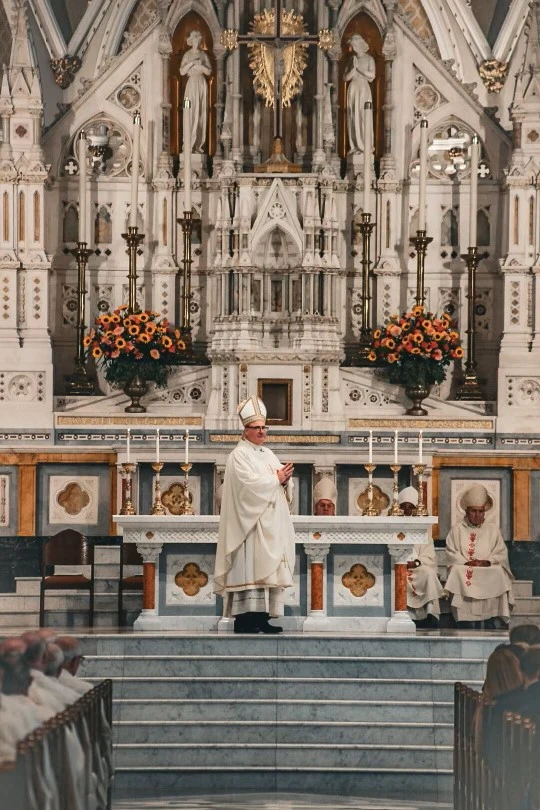 Archbishop Richard Henning by the altar during his Oct. 31, 2024, installation Mass at Boston’s Cathedral of the Holy Cross. Credit: Andrzej Skonieczny