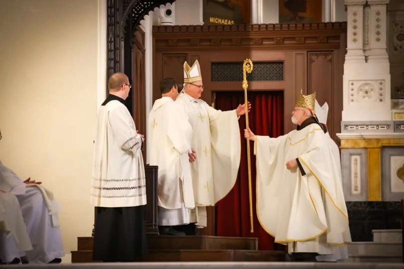 New Boston Archbishop Richard Henning and outgoing archbishop Cardinal Cardinal Seán O’Malley during a packed two-hour-plus installation Mass at Boston’s Cathedral of the Holy Cross on Oct. 31, 2024.?w=200&h=150