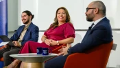 Lia Garcia, director of Hispanic Ministry at the Archdiocese of Baltimore, speaks at a panel discussion exploring the impact of U.S. Latinos on the 2024 election hosted by Georgetown University's Initiative on Catholic Social Thought and Public Life on Monday, Oct. 7, 2024.