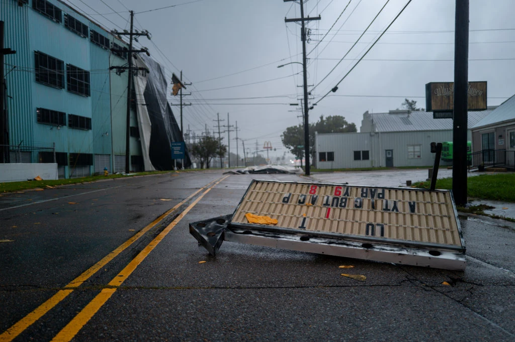 Signage is strewn across the intersection after Hurricane Francine swept through the area on Sept. 11, 2024, in Houma, Louisiana.?w=200&h=150