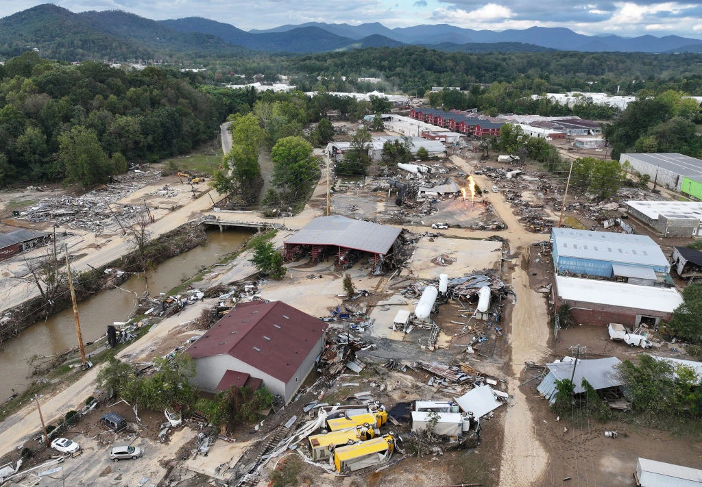 An aerial view of flood damage wrought by Hurricane Helene along the Swannanoa River on Oct. 3, 2024, in Asheville, North Carolina.?w=200&h=150