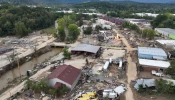 An aerial view of flood damage wrought by Hurricane Helene along the Swannanoa River on Oct. 3, 2024, in Asheville, North Carolina.