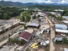 An aerial view of flood damage wrought by Hurricane Helene along the Swannanoa River on Oct. 3, 2024, in Asheville, North Carolina.