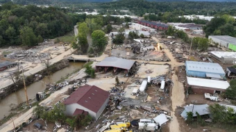 An aerial view of flood damage wrought by Hurricane Helene along the Swannanoa River on Oct. 3, 2024, in Asheville, North Carolina.