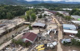 An aerial view of flood damage wrought by Hurricane Helene along the Swannanoa River on Oct. 3, 2024, in Asheville, North Carolina. Credit: Mario Tama/Getty Images