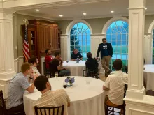 Ian Church, head of the “Launching Experimental Philosophy of Religion” grant project and a professor of philosophy at Hillsdale College, welcomes attendees of the capstone conference at Hillsdale’s Blake Center for Faith and Freedom in Somers, Connecticut.