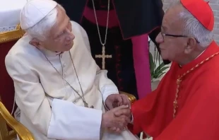 Pope Emeritus Benedict XVI greets Colombian Cardinal Jorge Enrique Jiménez Carvajal at the retired pope's Vatican residence on Aug. 27, 2022. Screenshot from EWTN video