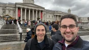 Deacon Nathan Ledoux and his friend Michael Figura at the National Art Gallery in London on Dec. 27, 2023.