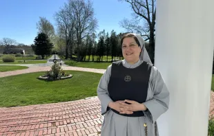 Mother Marla Marie stands on the front porch of the sisters’ Mother of the Light convent in Dartmouth, Massachusetts. Credit: Joe Bukuras/CNA