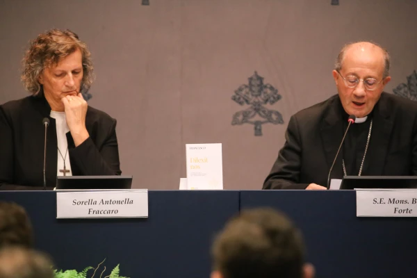 Archbishop Bruno Forte and Sister Antonella Fraccaro speak to journalists at the press conference for the encyclical "Dilexit Nos" at the Vatican on Oct. 24, 2024. Credit: Julia Cassell/EWTN News