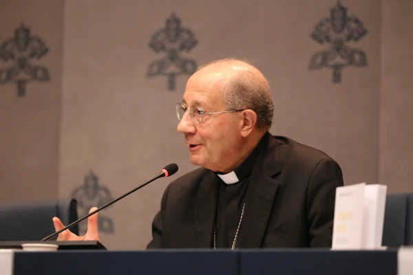 Archbishop Bruno Forte speaks to journalists at the presentation of the encyclical Dilexit Nos, Oct. 24, 2024. Credit: Julia Cassell/EWTN News