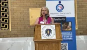 Teresa Larkin, co-chair of the Pregnancy Care Alliance and executive director of Your Options Medical, a pregnancy center in the state speaks in support of pro-life pregnancy centers in Massachusetts.