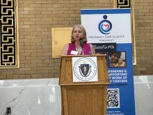 Teresa Larkin, co-chair of the Pregnancy Care Alliance and executive director of Your Options Medical, a pregnancy center in the state speaks in support of pro-life pregnancy centers in Massachusetts.