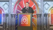 Bishop Andrew Cozzens, who spearheaded the National Eucharistic Revival and congress taking place in Indianapolis from July 17-21, 2024, takes questions from the media.