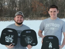 Daniel Turek, left, and Noah Mullins are two Detroit-area students studying at Grand Valley State University who design and sell Kingdom Kneelers, foam kneeling pads for prayer. Mullins came up with the idea for Kingdom Kneelers after attending the 2024 SEEK Conference in St. Louis.