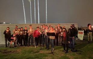 Students, Jesuits, and faculty taking part in the rosary rally held on LMU's campus in response to the university's refusal to cancel the Women in Politics club's Planned Parenthood fundraiser. Photo courtesy of Megan Glaudini