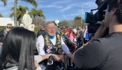 Miami Archbishop Thomas Wenski speaks to media before the 50-mile Annual Archbishop’s Motorcycle Ride in Doral, Florida, Sunday, Jan. 26, 2025.